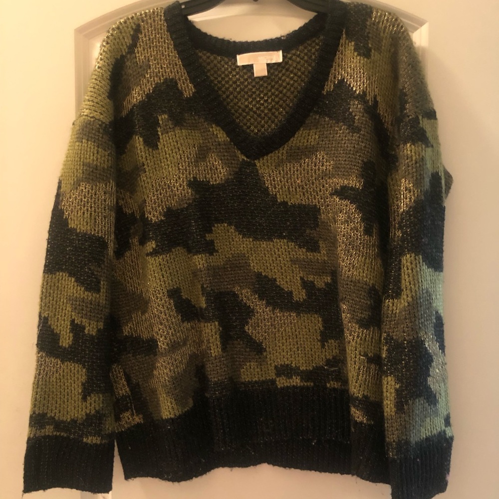 Michael Kors camo vneck sweater with gold thread